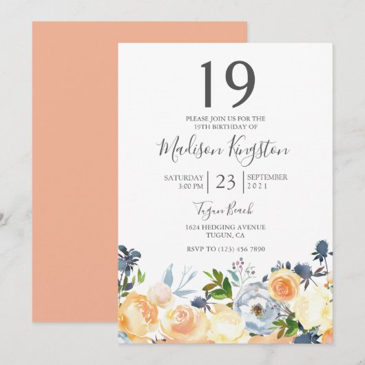 Perzikbloemen 19e verjaardag Uitnodiging (Voorkant / Achterkant)