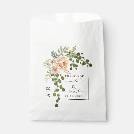 Perzikbloemen, boog- en monogram bruiloft bedankzakje (Voorkant)