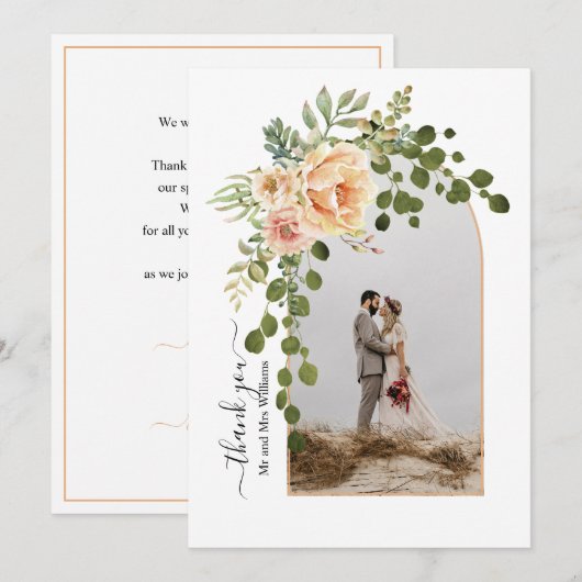 Perzikbloemen, boog met fotovalbruiloft bedankkaart (Voorkant / Achterkant)