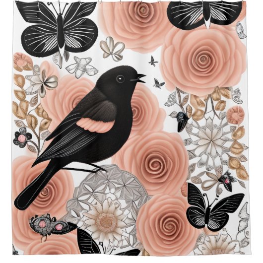 Perzikbloemen en koolbloemen, Robin en Butterflies Douchegordijn (Voorkant)