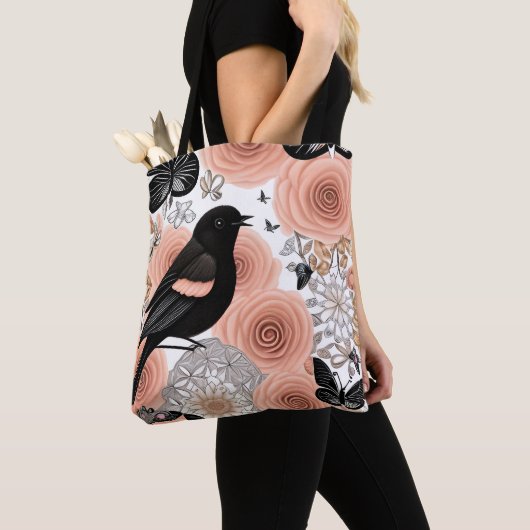 Perzikbloemen en koolbloemen, Robin en Butterflies Draagtas (Dichtbij)