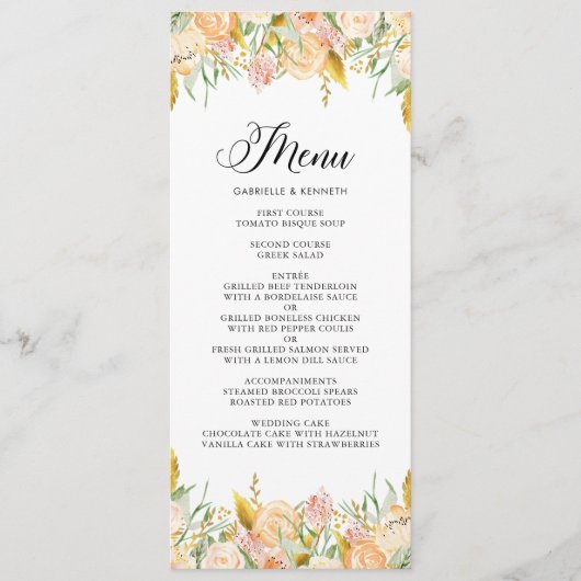 Perzikbloemen met Gold Foliage Menu Kaart II (Voorkant)