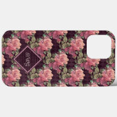 Perzikbloemen op het Paarse diamantmonogram Case-Mate iPhone Case (Achterkant (horizontaal))
