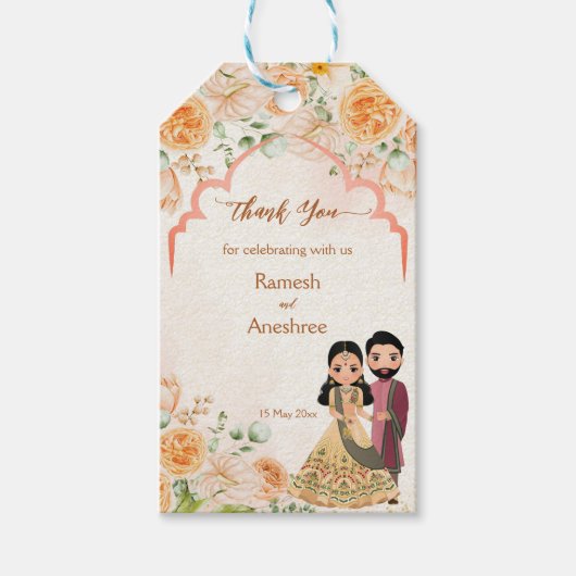 Perzikbloemen schattig Indiaas bruidskoppel Cadeaulabel (Voorkant)