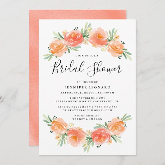 perzikbloementuin | Uitnodiging voor bruidsdouche (Voorkant / Achterkant)