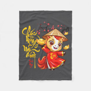 Perzikbloesem Vietnamees Nieuwjaarsfeest Paard 202 Fleece Deken