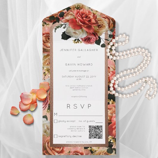 Perzikblush en roze Rustige Rozen QR-code All In One Uitnodiging