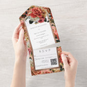 Perzikblush en roze Rustige Rozen QR-code All In One Uitnodiging (Afscheurbaar)