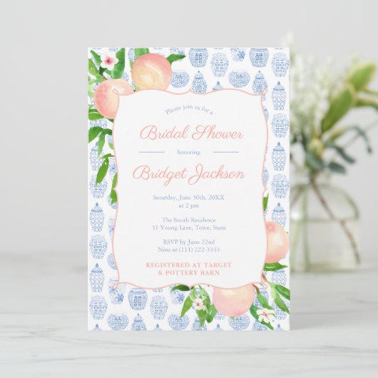 perziken blauw en witte bruiloft kaart (Staand voorkant)