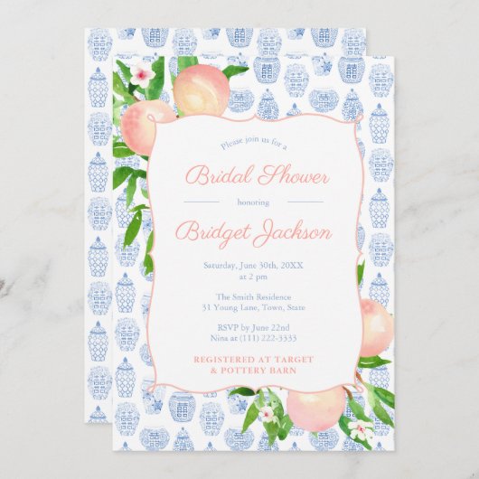  perziken blauw en witte bruiloft kaart (Voorkant / Achterkant)