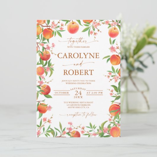 Perziken en bloemen Lente bruiloft uitnodiging (Staand voorkant)