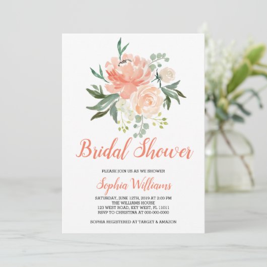 perziken en crème bruids douche uitnodiging (Staand voorkant)