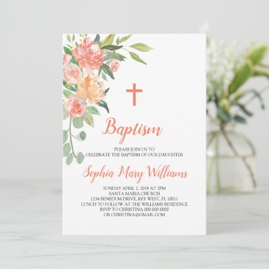 Perziken en Crème Doopmeisje Uitnodiging (Staand voorkant)