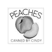 Perziken in het thuisconservenblikveld van perzike 	rubberstempel (Afrduk)