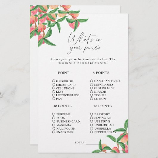 Perziken - Wat zit er in je tas spel (Voorkant / Achterkant)