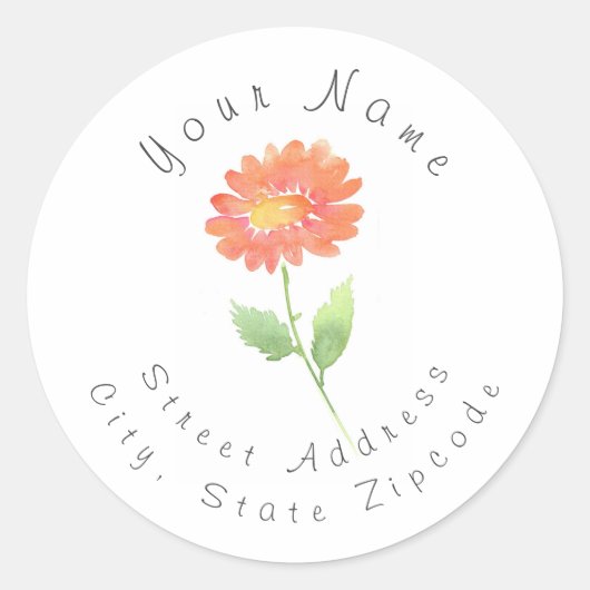 Perzikenadreslabel Waterverf Daisy Flower Ronde Sticker (Voorkant)