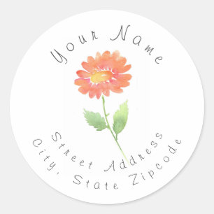 Perzikenadreslabel Waterverf Daisy Flower Ronde Sticker