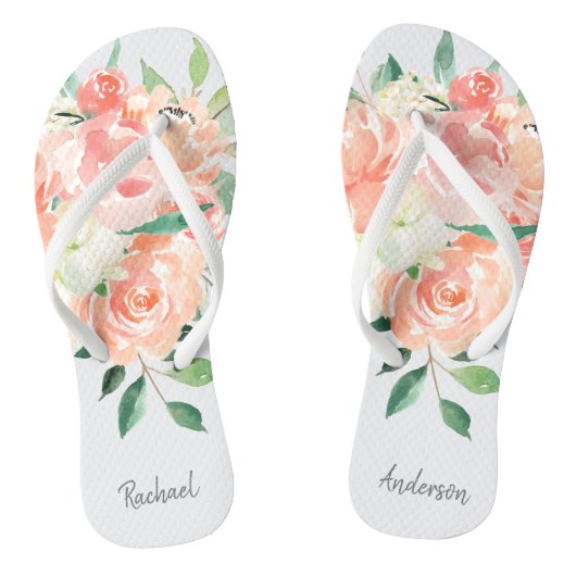 Perzikflora Waterverf met Jouw naam Teenslippers (Voetbed)