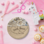 Perzikharten met namen in zand voor bruiloft papieren bordje (Feest)