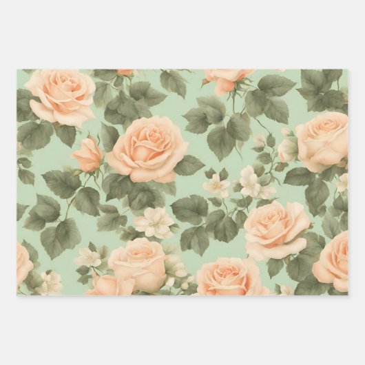 Perzikkleur Rozen op lichtgroene achtergrond Inpakpapier Vel (Voorkant)