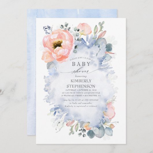 Perzikkleurig Baby shower Modern Dusty Blue Kaart (Voorkant / Achterkant)