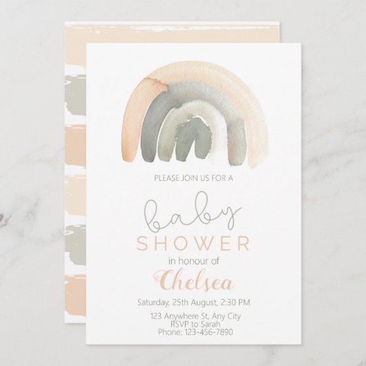 Perzikkleurig en grijs Waterverf RegenboogBaby sho Kaart (Voorkant / Achterkant)