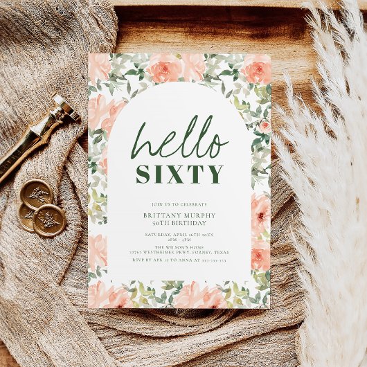 Perzikkleurige bloemenboog Elegant  60e Verjaardag Kaart