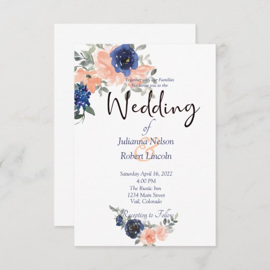 Perzikkleurige en blauwe waterverf florale trouwui kaart (Voorkant / Achterkant)