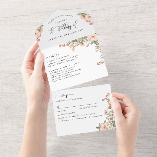Perzikkoraal Botanische bruiloft van RSVP All In One Uitnodiging (Afscheurbaar)