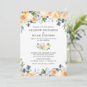 Perzikkoraal en blauw bloemen waterverf bruiloft kaart (Staand voorkant)