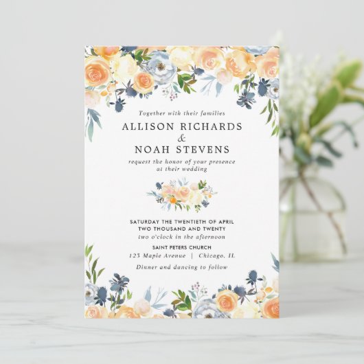 Perzikkoraal en blauw bloemen waterverf bruiloft kaart (Staand voorkant)