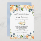 Perzikkoraal en blauw bloemen waterverf bruiloft kaart (Voorkant / Achterkant)