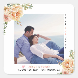 Perzikkoraal waterverf bloemen foto vierkante sticker