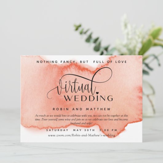 Perzikkoraal Waterverf, online virtueel huwelijk Kaart (Staand voorkant)