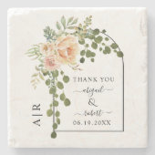 Perzikkoraalbloemen, boog- en monogram bruiloft stenen onderzetter (Voorkant)