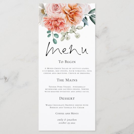 Perzikkoraalbonen bruiloft menu (Voorkant)