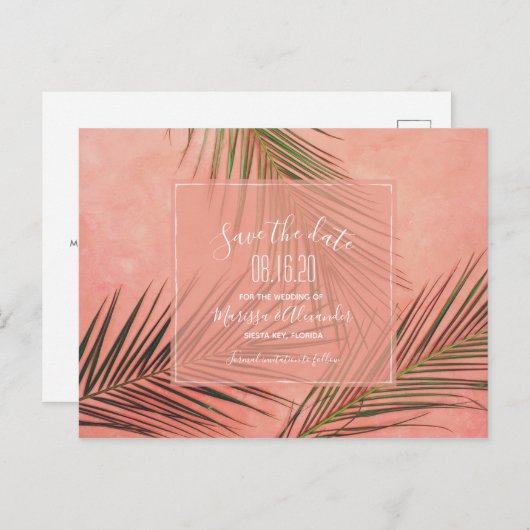 Perzikpalm Beach Weddenschap Save the Dates Briefkaart (Voorkant / Achterkant)