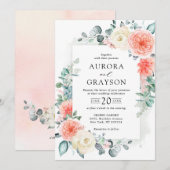 Perzikpasteitje Pastel Pink Floral Wedden Kaart (Voorkant / Achterkant)