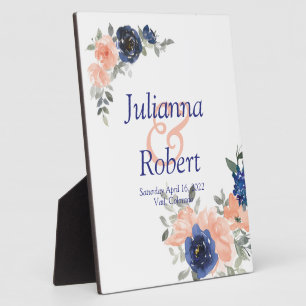 Perzikpleisters en blauwe waterverf florale bruilo fotoplaat