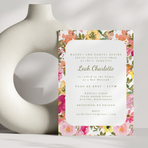 Perzikroze gele Waterverf Floral Bat Mitzvah Kaart