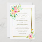 Perzikroze rozen op het witte huwelijk kaart (Voorkant)