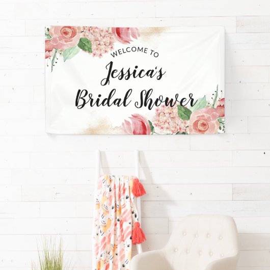 Perzikroze Waterverf Floral Vrijgezellenfeest Welk Spandoek (Insitu)