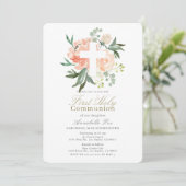 Perzikrozen Witte Kruis Meisje Eerste Heilige Comm Kaart (Staand voorkant)