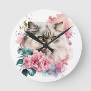 PERZISCH KATTENGEZICHT MET ROZE BLOEMEN RONDE KLOK
