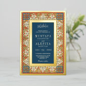 Perzisch Lijst Blauw Moslim Trouwgoud Folie Uitnodiging (Staand Voorkant)