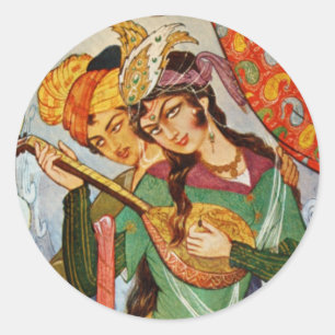 Perzisch Miniatuur Nymph met setar in detail Ronde Sticker