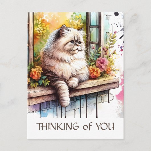 Perzische beige kat in venster met zomerbloemen briefkaart (Voorkant)