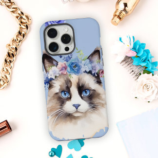 Perzische Kat Blauwe Bloemen iPhone 15 Pro Max Hoesje