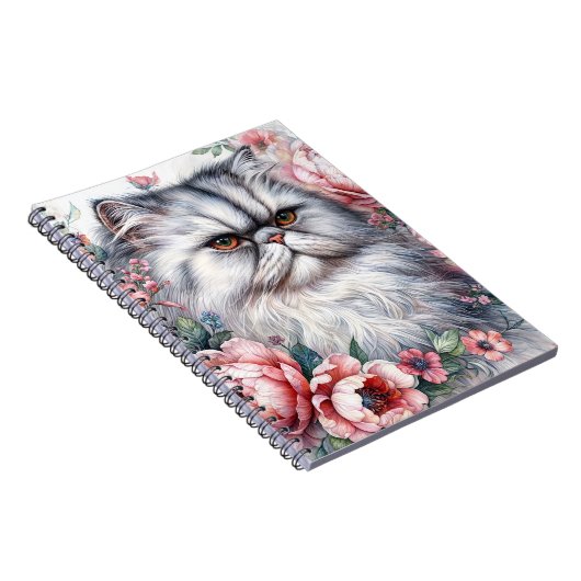 Perzische kat Bloemen Waterverf Portret Notitieboek (Rechterzijde)
