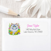 Perzische kat geel en roze bloemen gepersonaliseer etiket (Insitu)